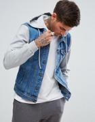 Pull & Bear Denim Jacket With Jersey Sleeves In Mid Blue - Blue