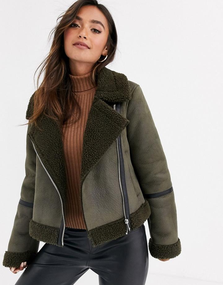 Asos Design Crop Borg Aviator Jacket In Khaki-black