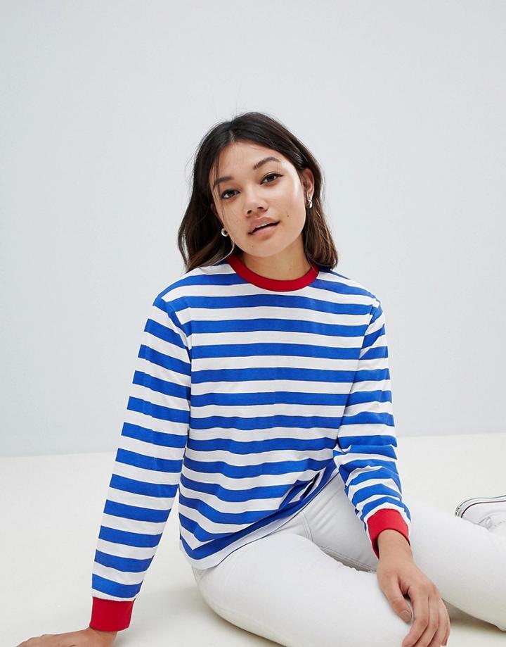 Asos Design T-shirt With Long Sleeve In Stripe With Contrast Collar And Cuffs - Multi