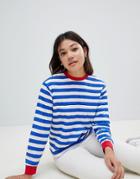 Asos Design T-shirt With Long Sleeve In Stripe With Contrast Collar And Cuffs - Multi
