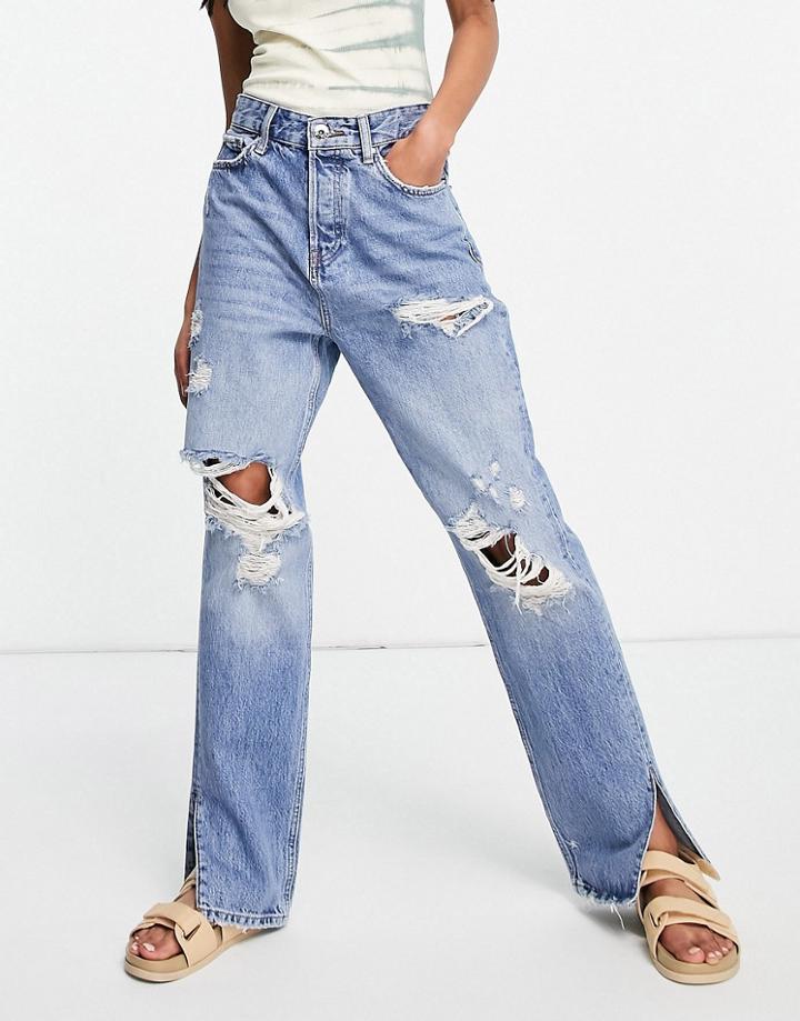 River Island 90's High Rise Jeans In Mid Authentic Blue-blues