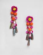 Asos Design Sequin And Pom Flower Tassel Drop Earrings - Multi