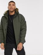 Pull & Bear Parka Jacket With Faux Fur Hood In Khaki-green