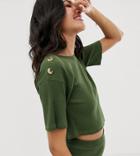 Asos Design Tall Mix & Match Ribbed Slouchy Tee With Tortoishell Buttons-green