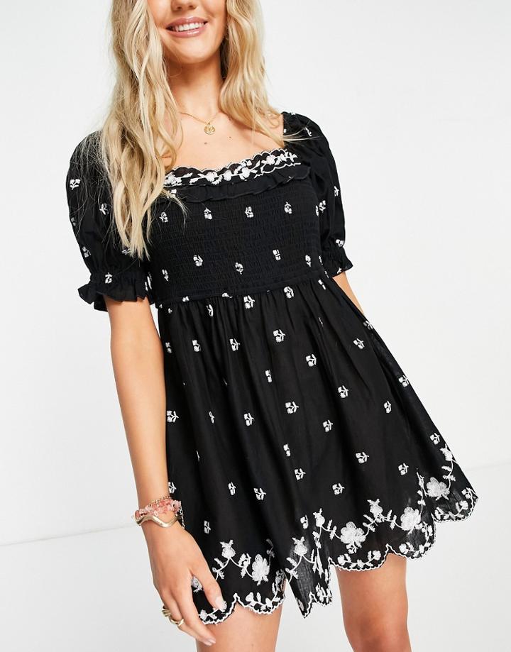 River Island Ditsy Floral Embroidered Beach Mini Dress In Black