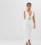 Asos Design Petite Deep Plunge Jumpsuit With Buckle Belt And Peg Leg - White