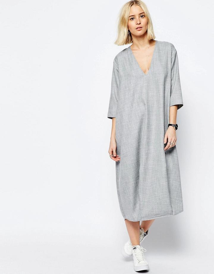 Asos White Textured V-neck Midi Dress - Gray