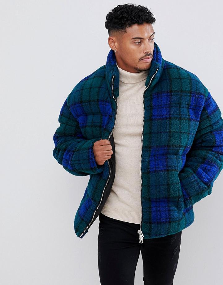 Asos Design Borg Puffer Jacket In Blue Check - Blue