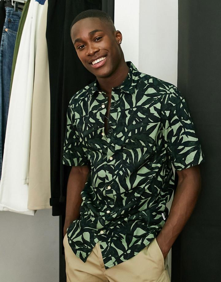 Only & Sons Short Sleeve Leaf Print Shirt In Green And Black