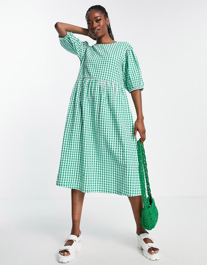 Monki Seersucker Puff Sleeve Smock Dress In Green Gingham-multi