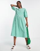 Monki Seersucker Puff Sleeve Smock Dress In Green Gingham-multi
