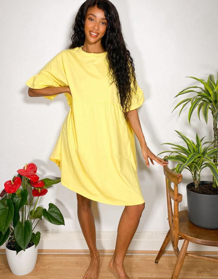 Asos Design Super Oversized Frill Sleeve Smock Dress In Lemon-blues