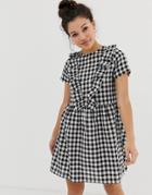 Daisy Street Smock Dress With Ruffles In Gingham-black