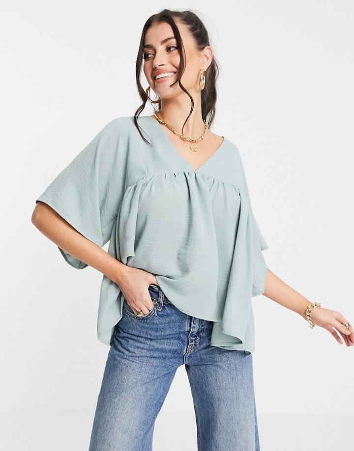 Asos Design V Neck Smock Tee In Washed Blue-blues