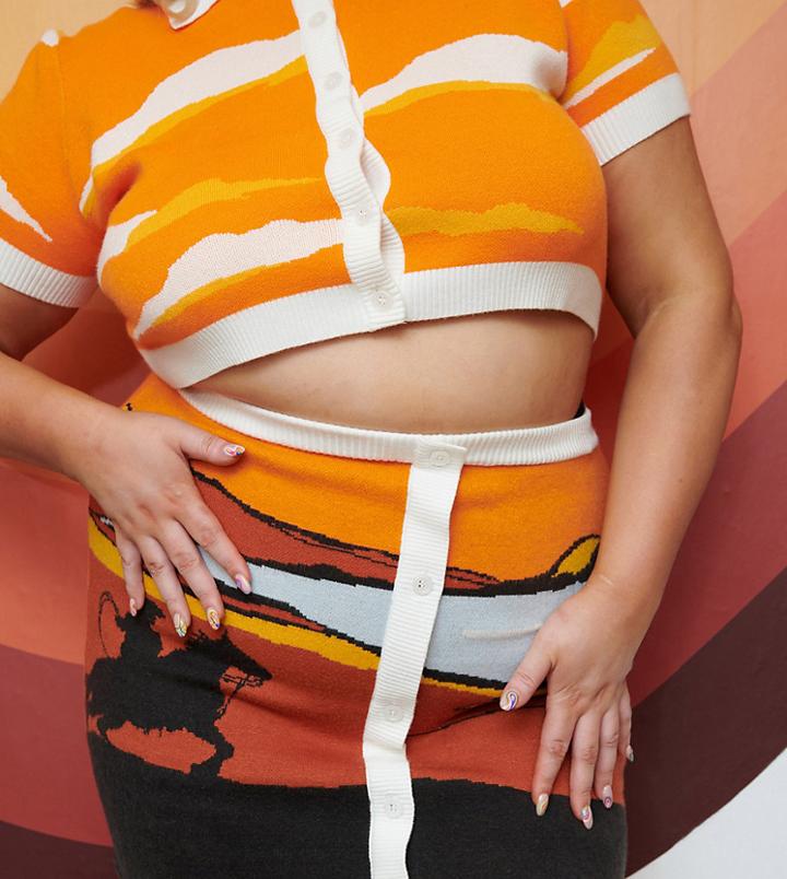 Labelrail X Francesca Perks Mini Skirt In Western Sunset Knit Set-orange