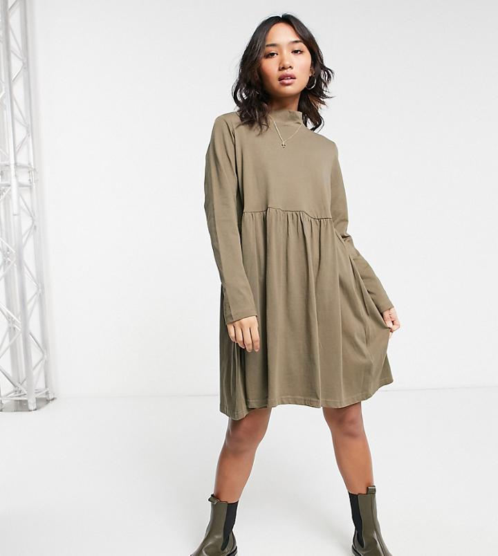 Brave Soul Petite Lizzie High Neck Smock Dress In Khaki-green