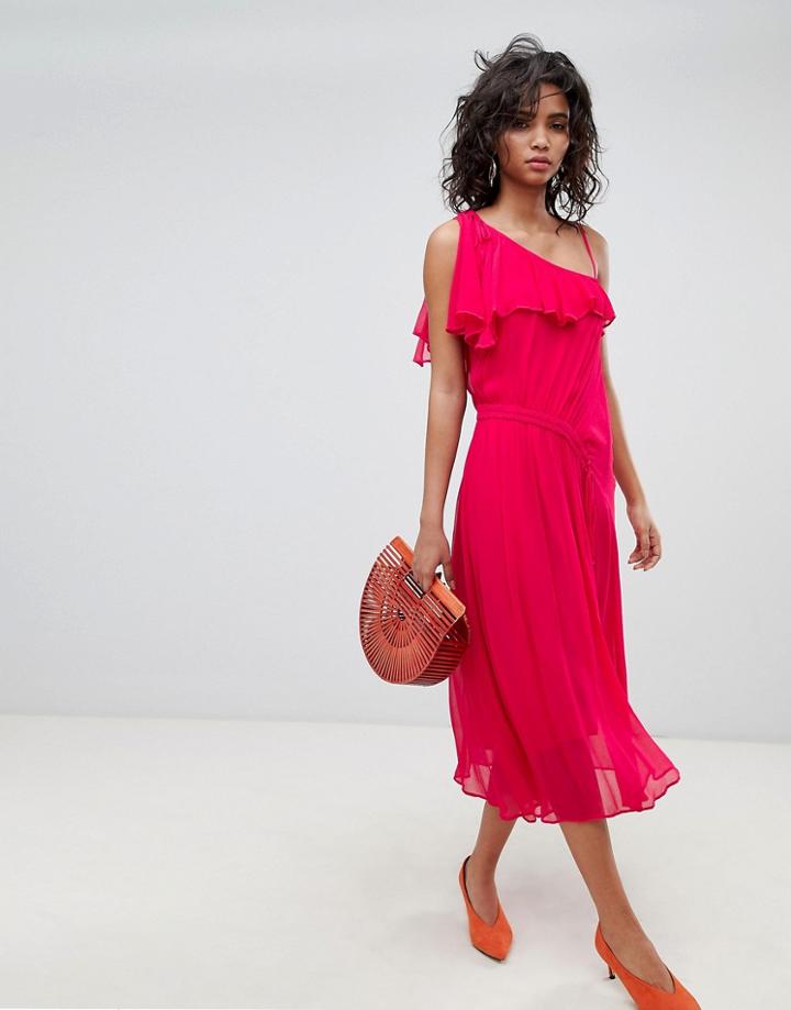 Ghost One Shoulder Midi Dress - Pink