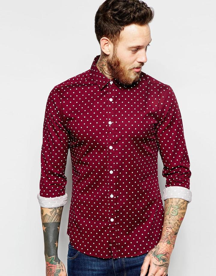 Asos Skinny Shirt With Polka Dot In Burgundy With Long Sleeves - Burgundy