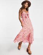 Topshop Pink And Red Rose Poplin Bow Midi Dress
