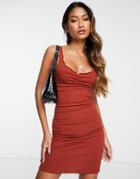 Only Ribbed Lettuce Edge Sleeveless V-neck Mini Dress In Rust-copper