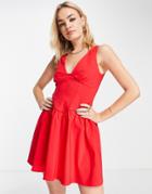 Asos Design Satin Structured Seamed Mini Dress With Skater Skirt In Red