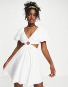Asos Design Broderie Volume Sleeve Mini Cut Out Dress In White