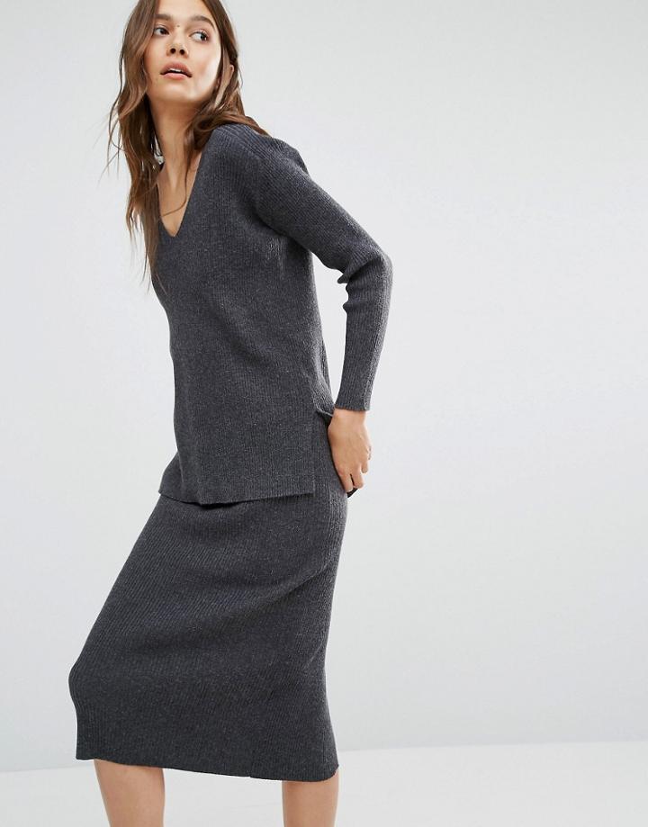 Paisie V Neck Ribbed Sweater - Gray
