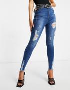 Naanaa High Waisted Ripped Skinny Jeans In Midwash Blue