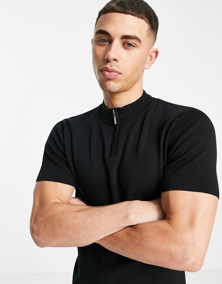 River Island Zip Neck T-shirt In Black