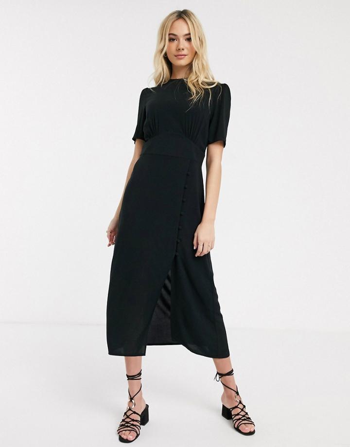 Asos Design Midi Tea Dress With Buttons And Split Detail-black