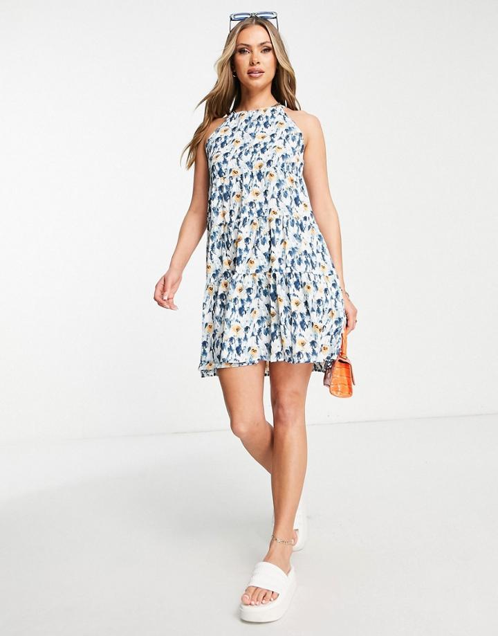 Qed London Halter Neck Tiered Mini Dress In Blue Floral Print-multi