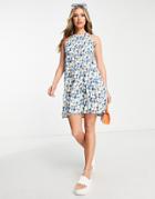 Qed London Halter Neck Tiered Mini Dress In Blue Floral Print-multi
