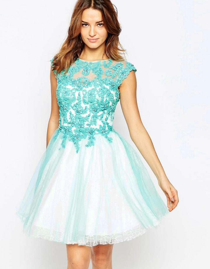 Forever Unique Winnie Lace Applique Prom Dress - Aqua
