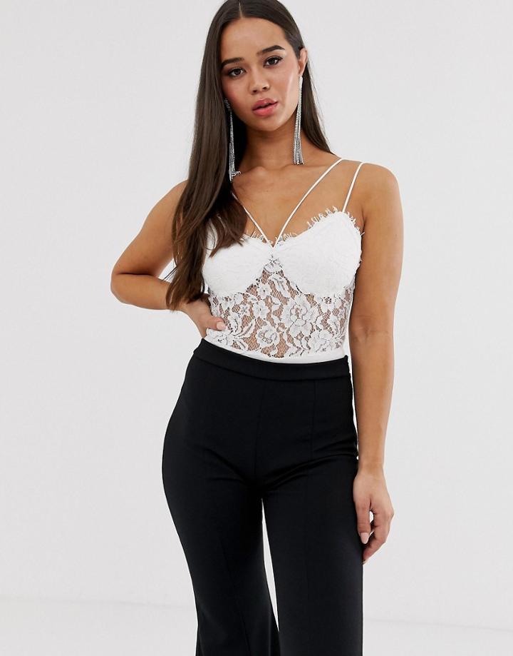 Love Triangle Multi Cami Strap Lace Overlay Body In White - White