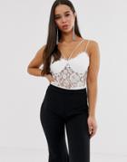Love Triangle Multi Cami Strap Lace Overlay Body In White - White