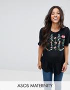 Asos Maternity Ruffle Hem Tee With Embroidery - Black