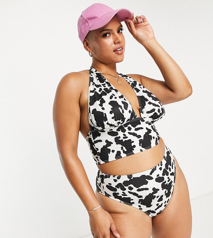 Reclaimed Vintage Inspired Plus Halter Bikini Top In Cow Print-black