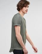 Asos Super Longline T-shirt In Waffle Oil Wash With Curved Back Hem In Green - Green