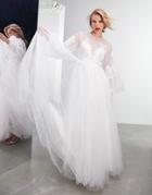 Asos Edition Luna Embroidered Wedding Dress With Blouson Sleeves And Mesh Skirt-white