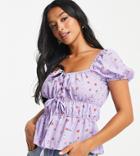 Asos Design Petite Square Neck Top With Ruched Detail In Purple Ditsy-multi