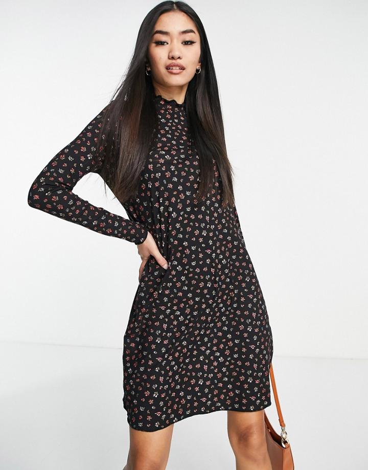 New Look High Neck Mini Dress In Black Ditsy Floral