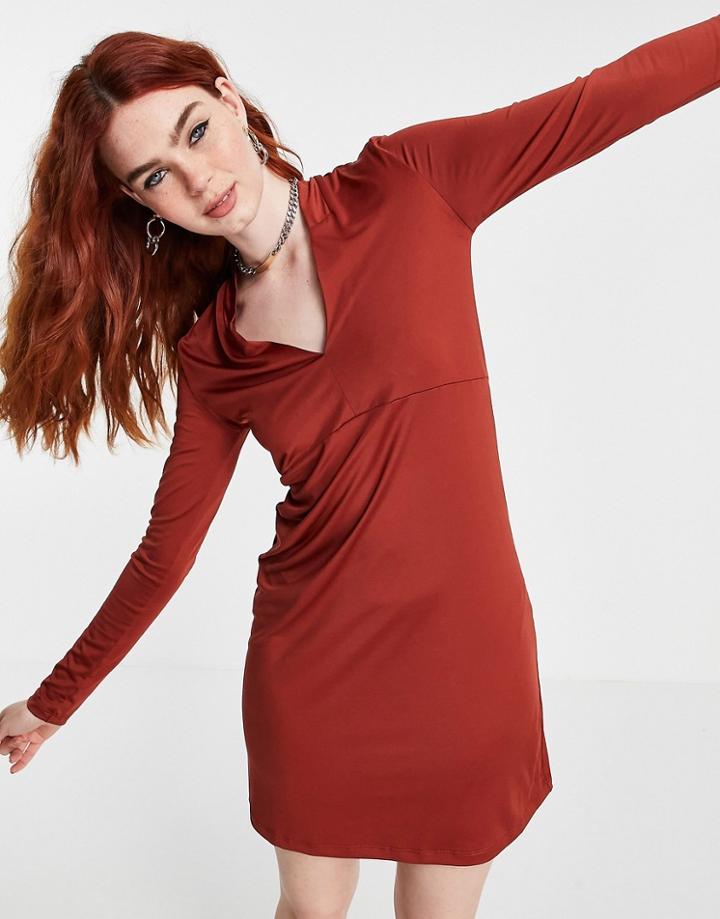 Vila V Neck Jersey Dress In Brown