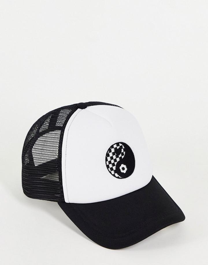 Asos Design Trucker Cap With Motif In Black And White-multi