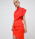 Asos Design Petite Satin Drape Midi Dress With Sash Detail - Orange