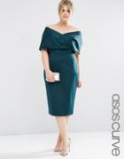 Asos Curve Premium Fold Cape Midi Bodycon Dress In Scuba - Forest Green