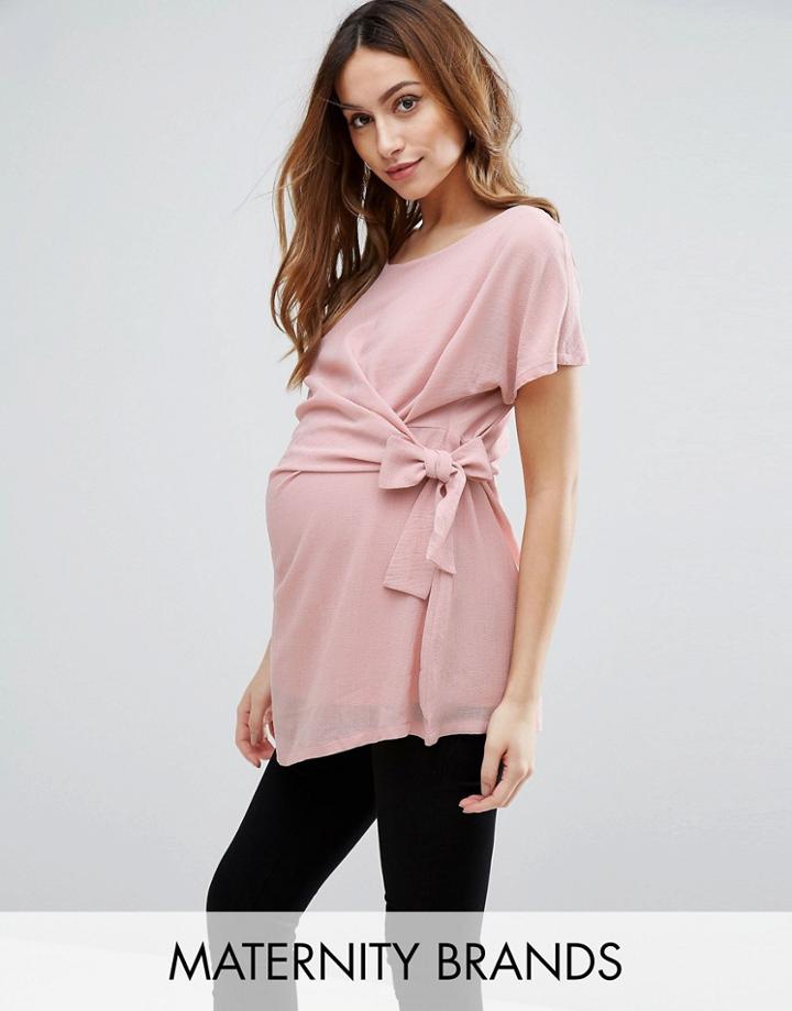 Mama. Licious Short Sleeve Woven Top With Knot Detail - Pink