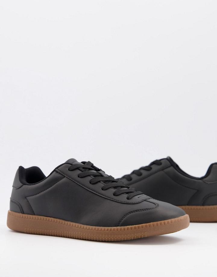 Asos Design Lace Up Sneakers In Black Faux Leather With Gum Sole