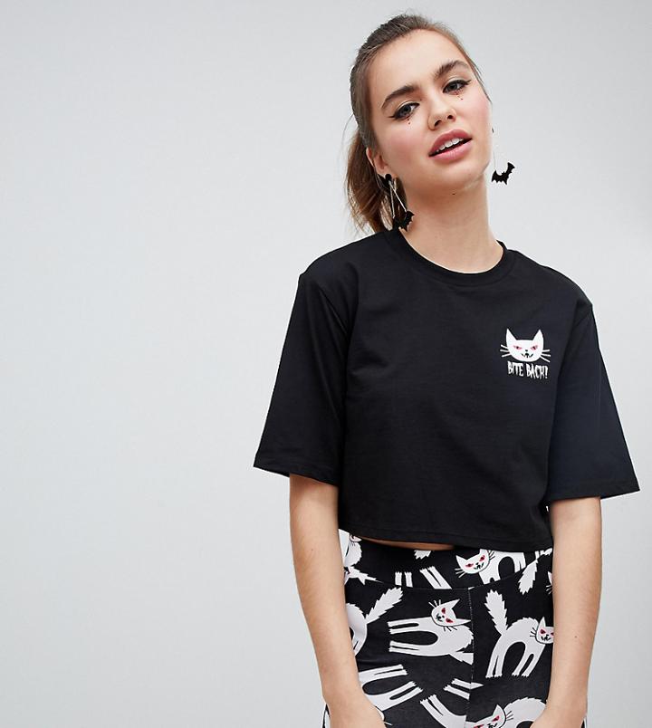 Monki Halloween Cropped T-shirt With Cat Logo In Black - Black