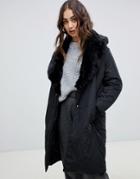 Religion Cover Duvet Coat With Faux Fur Collar - Black