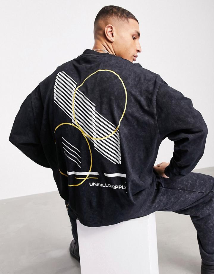 Asos Unrvlld Spply Matching Relaxed Long Sleeve T-shirt With Acid Wash & Pigment Print-black